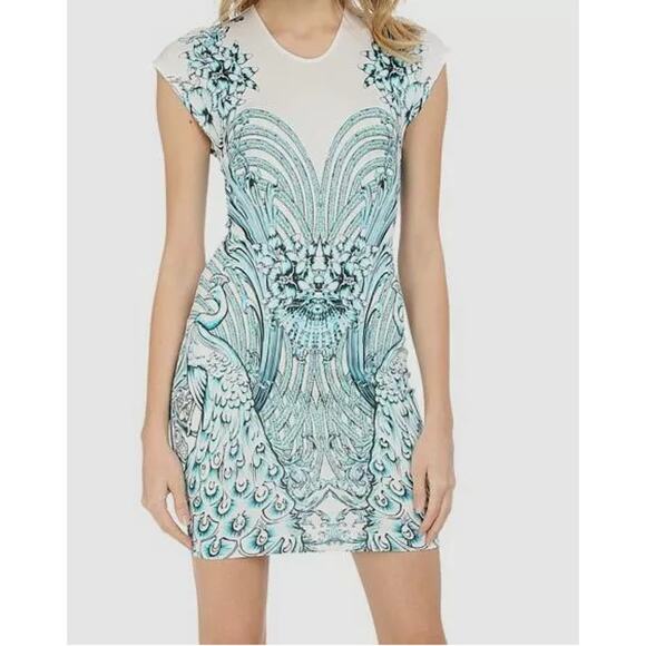 Just Cavalli Jersey Peacock-Print Cap Sleeve Sheath Mini Dress White 44 / US 8